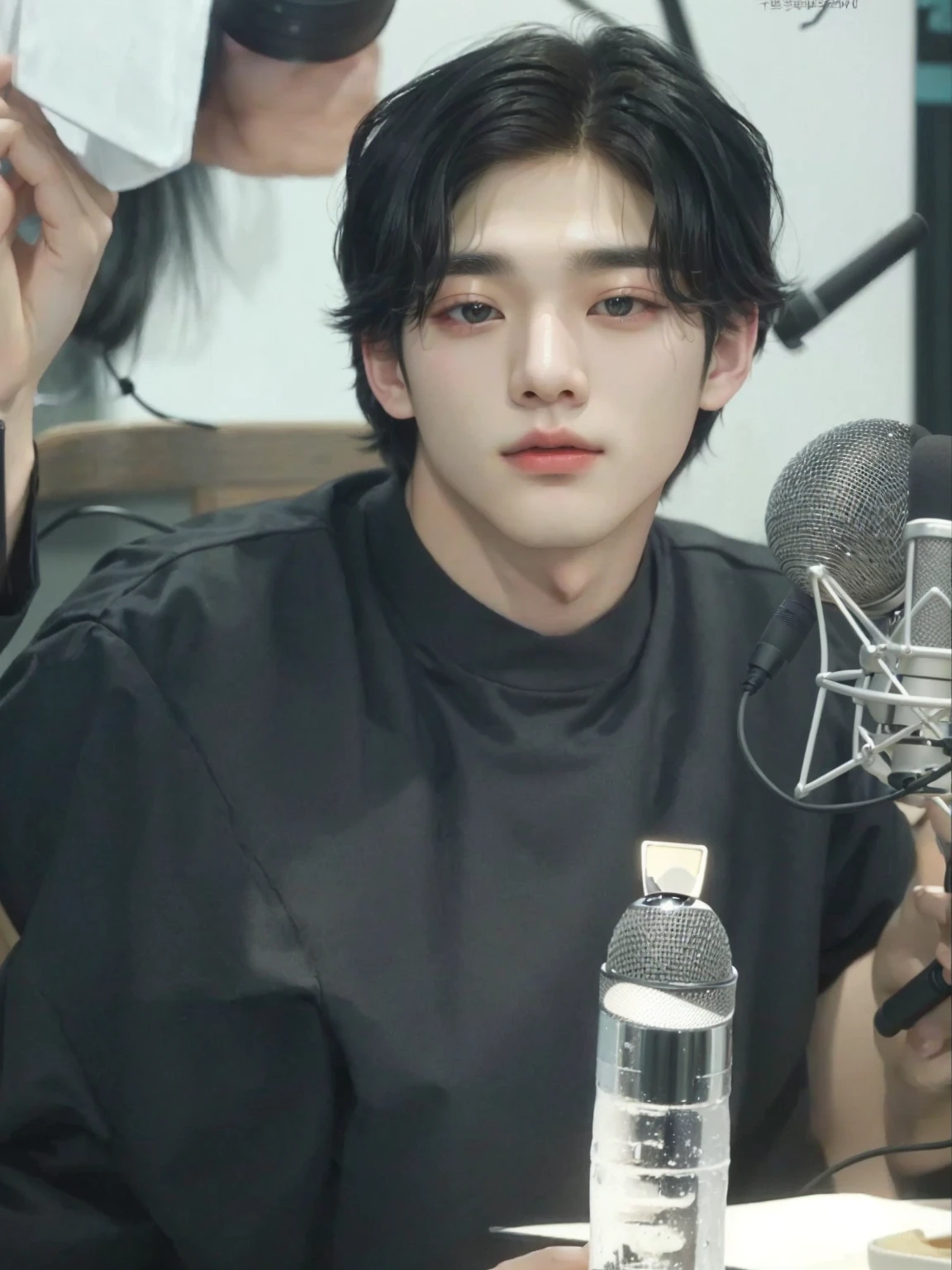 there is a man sitting at a table with a microphone, young pale angel, korean artist, Kim Taehyung, black hair man, Gorgeous Man, taehyung from bts