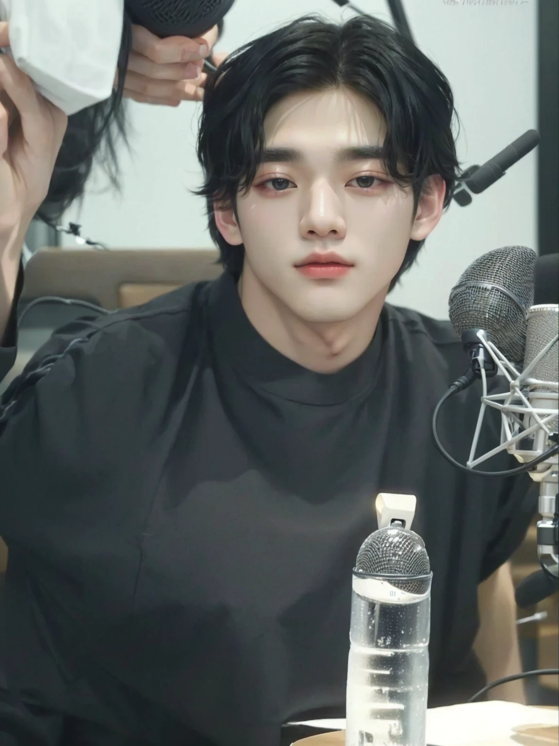 there is a man sitting at a table with a microphone, young pale angel, korean artist, Kim Taehyung, black hair man, Gorgeous Man, taehyung from bts