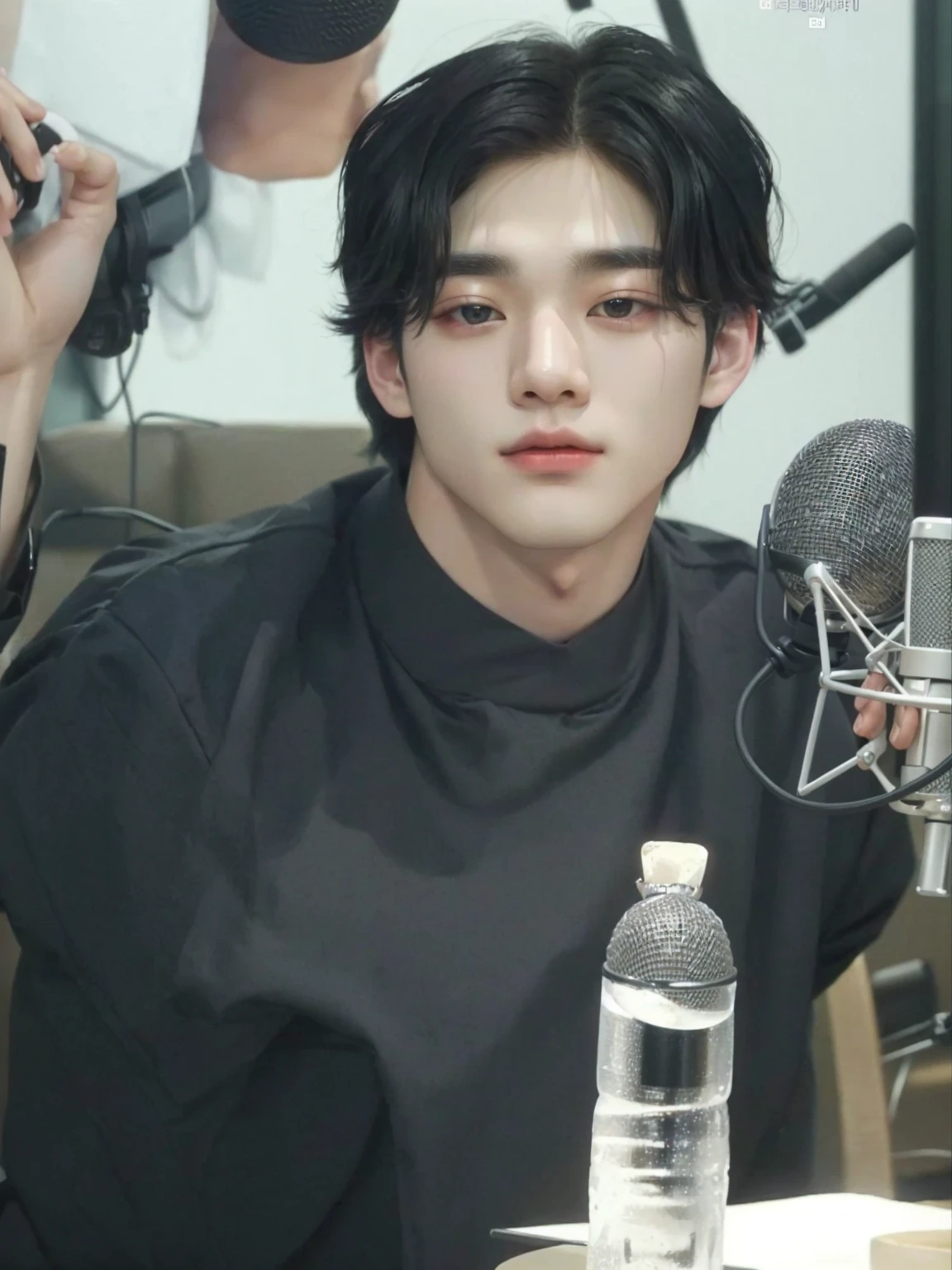 there is a man sitting at a table with a microphone, young pale angel, korean artist, Kim Taehyung, black hair man, Gorgeous Man, taehyung from bts