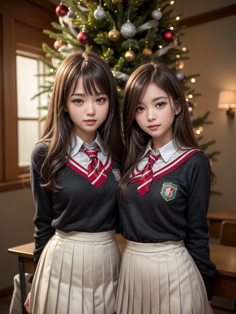 (2girls:1.4), Extremely cute, Amazing face and eyes, (Beautiful lovely smile), (extremely detailed beautiful face), bright and shiny lips, (School uniform, pleated skirt:1.3), (Best Quality:1.4), (hyper quality), (Ultra-detailed), (hyper-realistic, Photorealsitic:1.37), Authentic skin texture, complex details, extremely detailed CG unified 8k wallpaper, RAW Photos, professional photograpy, Cinematic lighting, exposing, christmas tree, christmas ornaments, christmas decoration, Christmas illuminations, Christmas lighting,bottomless