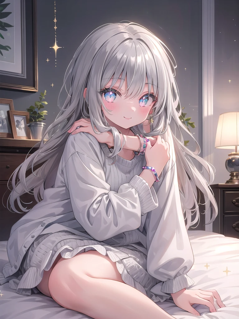 ((8k, best quality, master piece: 1.3)),super high resolution,(1 girl, solo), (colorshift eyes, hyperdetailed, expressive sparkling, glitter, glowing eyes), ultra detailed eyes, ultra-detailed face, random hair, ((silver gray color)), Ecstatic expression, A 15-year-old girl with light chestnut hair is sitting in her bedroom at home in a "yankee" sitting position. Her eyes are a clear sparkling hazel, and a cute bracelet adorns her wrist. She is sitting on her bed, hugging her knees, showing a relaxed smile. The background features warm, cozy decor.
