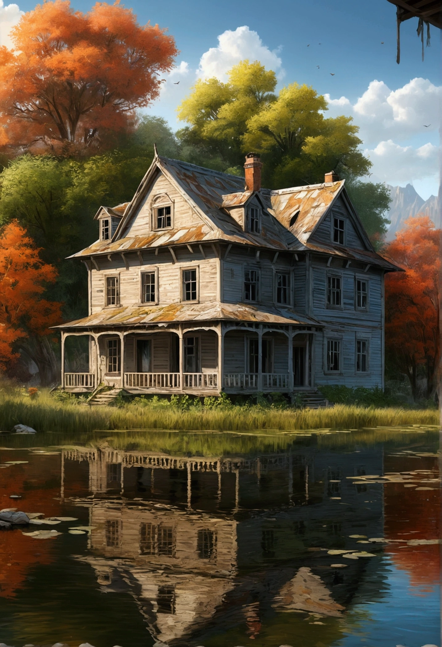 Abandoned house by the lake,landscape, water, (Highly detailed CG unit 8K wallpaper), The most beautiful works of art in the world, Majestic Oil Painting Professional, Complex, Attention to detail, Sharp focus, Dramatic and realistic painting art