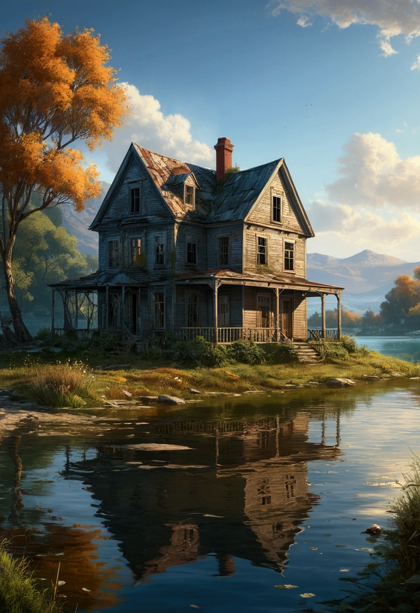 Abandoned house by the lake,landscape, water, (Highly detailed CG unit 8K wallpaper), The most beautiful works of art in the world, Majestic Oil Painting Professional, Complex, Attention to detail, Sharp focus, Dramatic and realistic painting art