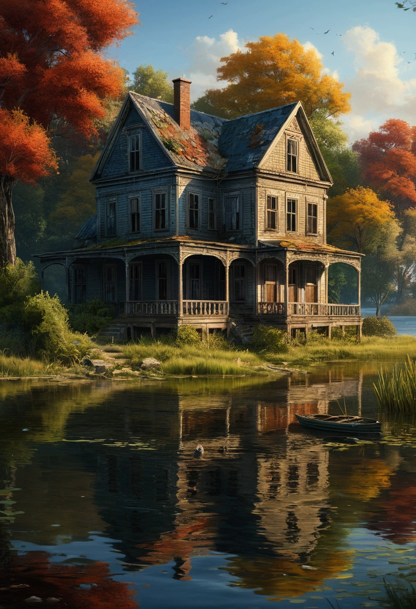 Abandoned house by the lake,landscape, water, (Highly detailed CG unit 8K wallpaper), The most beautiful works of art in the world, Majestic Oil Painting Professional, Complex, Attention to detail, Sharp focus, Dramatic and realistic painting art