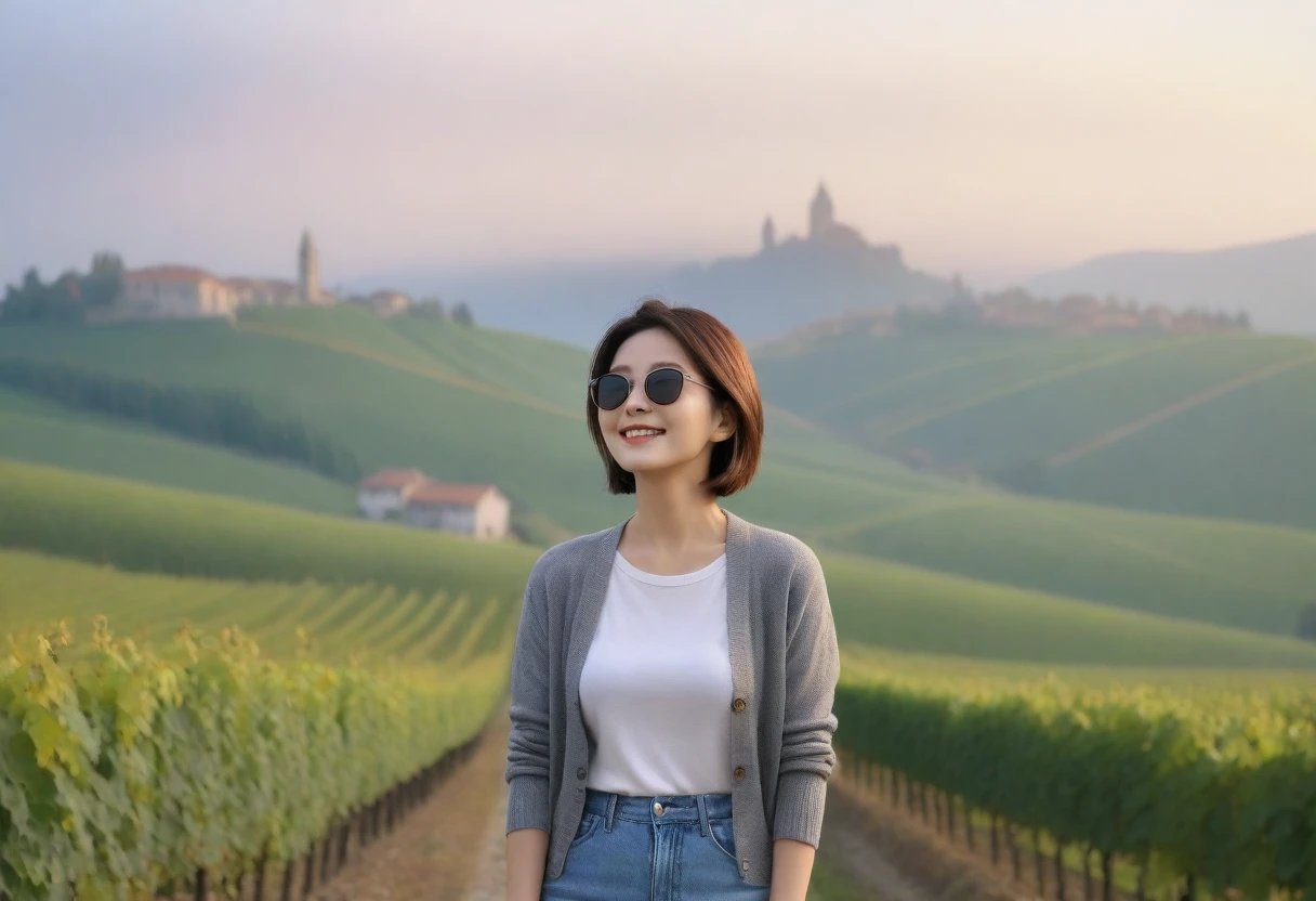 8K8K best picture quality, Beautiful 36-year-old Korean woman, Chest size 34 inches, Dawn in the early autumn countryside in northern Italy, View of the cathedral next to the vineyards, The back background is realistic and vivid quality., short medium hair, shirts and cardigans, Wear casual pants, Smile slightly. the background is clear, look up to the side., Looking at vineyards covered in thick fog from a hillside road, Wearing thick horn-rimmed sunglasses, Secret sunglasses expression