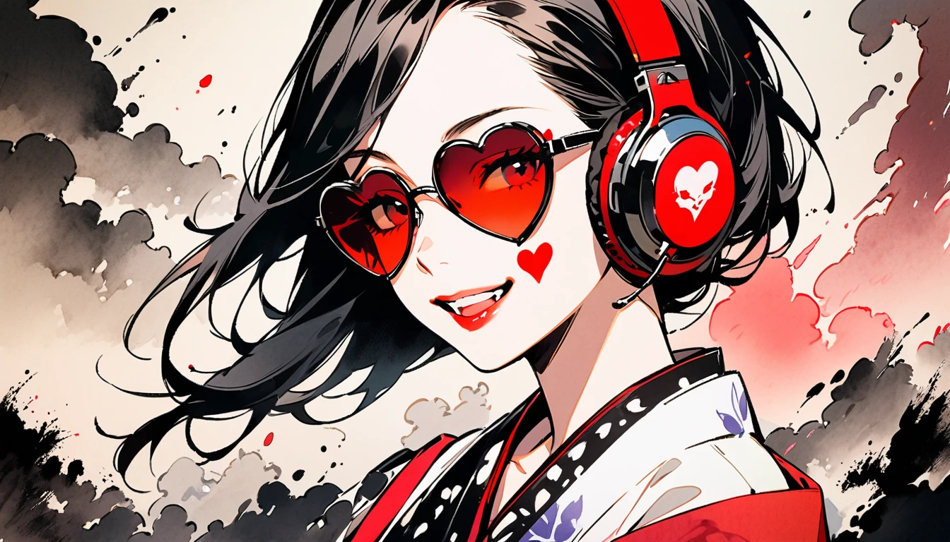 Fashion portrait color photos, (((Ink Painting))), (((1 girl))), (((Heart tattoo on face))), (((sunglasses))), Japanese style headphones, Japanese kimono beauty, Black Hair, smile, devil