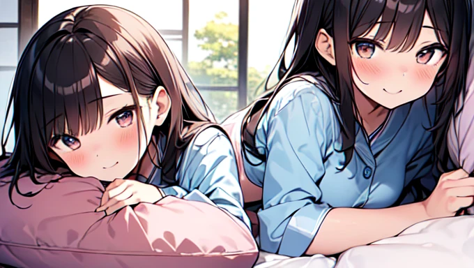 Let's think step by step,Highest quality, masterpiece, Ultra-high resolution, 8k,Show anime style , Soft Line Art, Digital Enhancement, shojo anime touch, shojo manga core, Flowing fabric, close, Soft Drawing, Ultra High Definition Digital Anime Art, Clear facial depiction, Highly detailed girl manga character art, Ultra-detailed manga style, Highest qualityの色, １people々 woman,(茶髪のショートカットのwoman),Beautiful brown hair, Clear brown eyes, A little chubby,Small breasts,pajamas,((She is sleeping in bed with a blanket.)),I sleep in the same bed and watch over her.,Peaceful sleeping face,She wakes up,Say &quot;good morning&quot;,((She slept on her stomach, She rested her cheek on the pillow, She turned to me and smiled sweetly..))。Cute smile,(on side),(((1 photo)))
