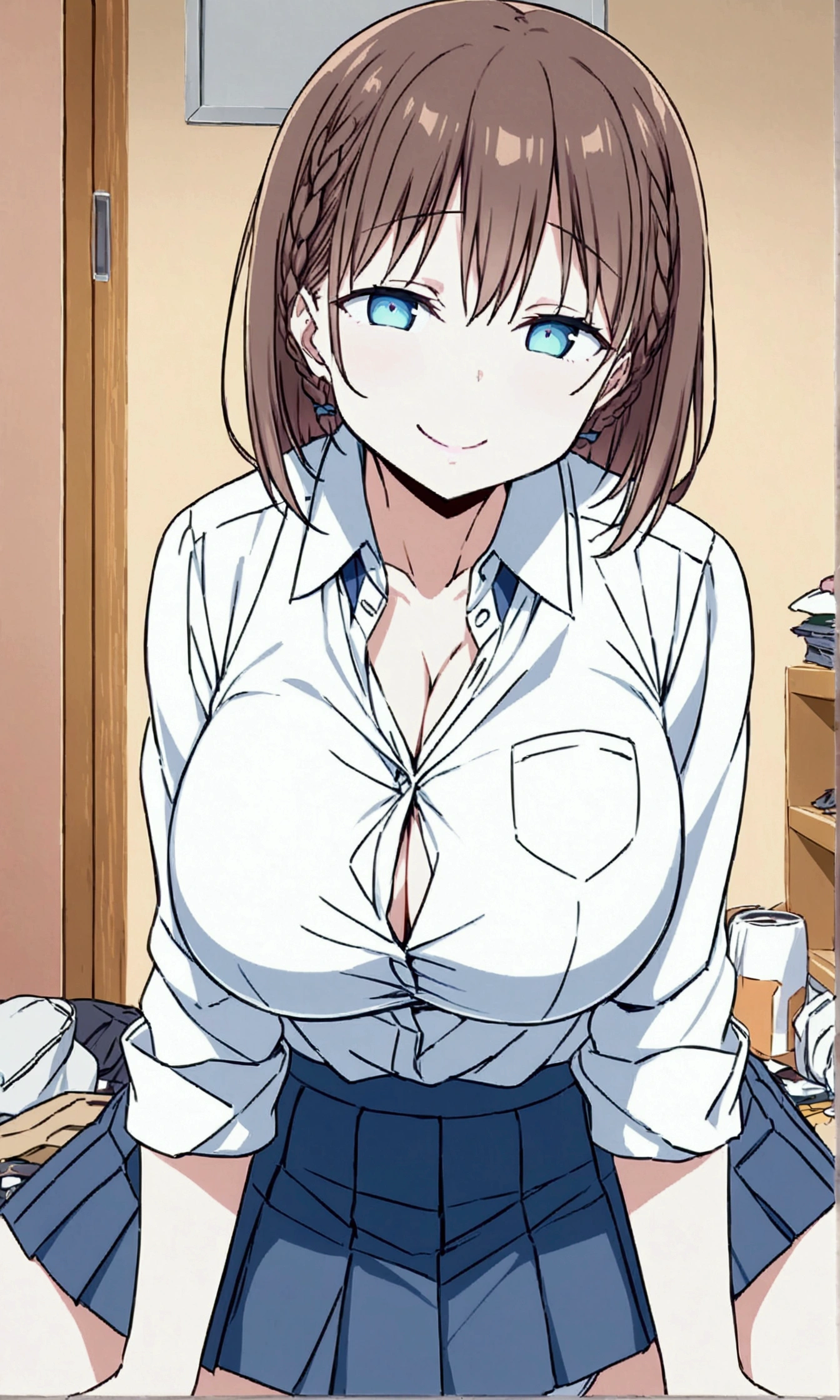 Tawawa on Monday,Ai-chan,Big Breasts,cleavage cutout,high school girl,source_anime, 1girl, 独奏,whole body,brown hair, cyan eyes, braid,white shirt, collared shirt, pleated skirt, blue skirt, large breasts,straddling,spread legs,showing panties,white pantie,looking at you,naughty face,Room littered with garbage,hentai,finely detailed beautiful face,high quality,anime,beautiful,High resolution,anime color,{{{{8k_wallpaper}}}},{{{masterpiece}}},{{{{extremely detailed eyes}}}},{{{{extremely detailed body}}}},{{{{extremely detailed finger}}}}