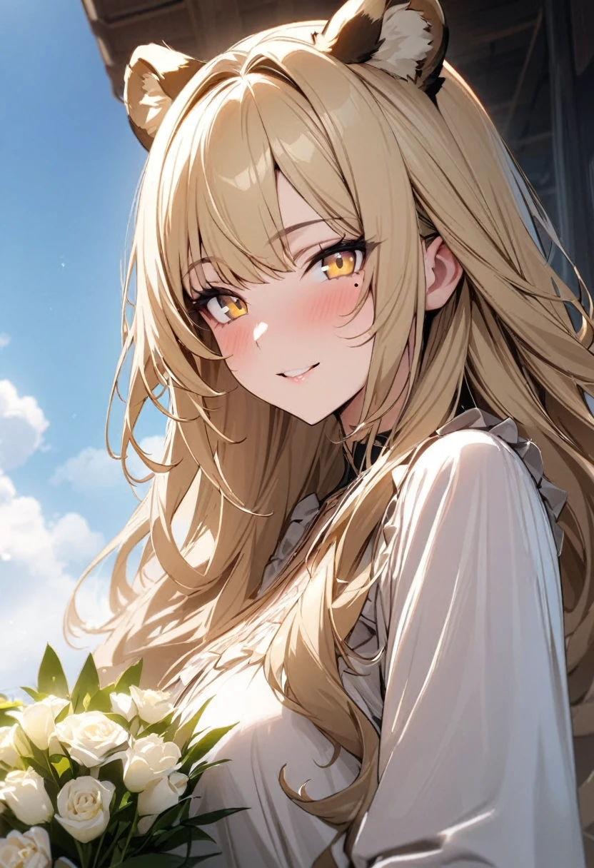 1girl、(((best quality)), ((masterpiece)), (details), masterpiece, best quality, high quality, ulutra detailed, perfect face, ((1girl, blond eyes, tiger ears: 1.3 blond long hair: 2.5,Mole under left eye：2.0))、Shiny Hair、Glowing Skin、Lustful look、Holding a bouquet、blue sky、smile、Frill dress、