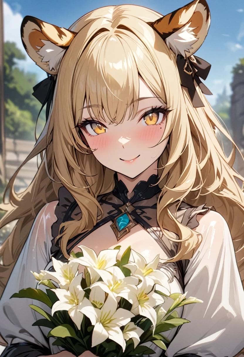 1girl、(((best quality)), ((masterpiece)), (details), masterpiece, best quality, high quality, ulutra detailed, perfect face, ((1girl, blond eyes, tiger ears: 1.3 blond long hair: 2.5,Mole under left eye：2.0))、Shiny Hair、Glowing Skin、Lustful look、Holding a bouquet、blue sky、smile、Frill dress、