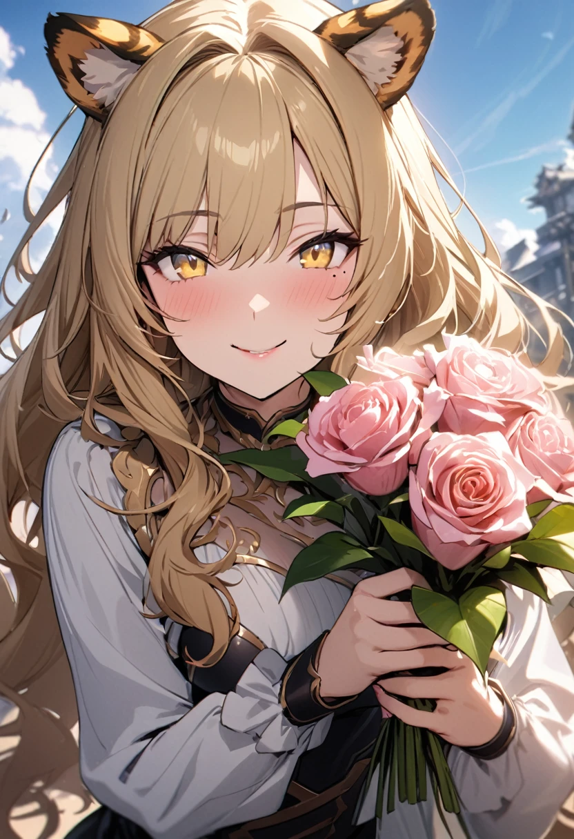1girl、(((best quality)), ((masterpiece)), (details), masterpiece, best quality, high quality, ulutra detailed, perfect face, ((1girl, blond eyes, tiger ears: 1.3 blond long hair: 2.5,Mole under left eye:2.0))、Shiny Hair、Glowing Skin、Lustful look、Holding a bouquet、blue sky、smile、Frill dress、