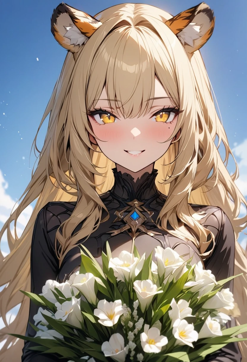 1girl、(((best quality)), ((masterpiece)), (details), masterpiece, best quality, high quality, ulutra detailed, perfect face, ((1girl, blond eyes, tiger ears: 1.3 blond long hair: 2.5,Mole under left eye:2.0))、Shiny Hair、Glowing Skin、Lustful look、Holding a bouquet、blue sky、smile、Frill dress、