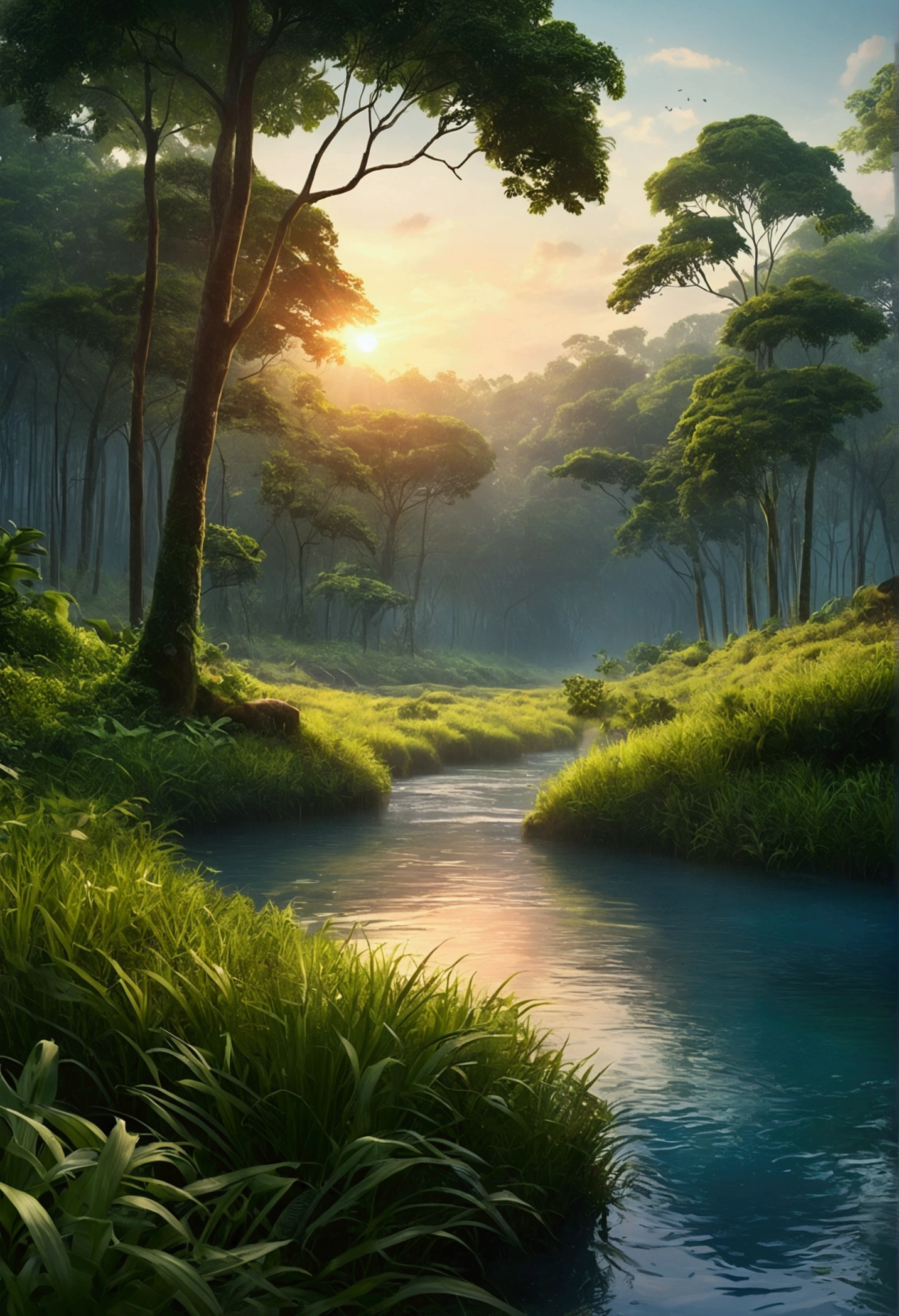 ((High resolution, high quality, realistic)), best quality, high resolution, 8k, realistic, sharp focus, photorealistic, forest and grass, water, landscape, soft and smooth light, EpicSky, masterpiece color pallete, nature, Indonesia, blue sky, sunrise