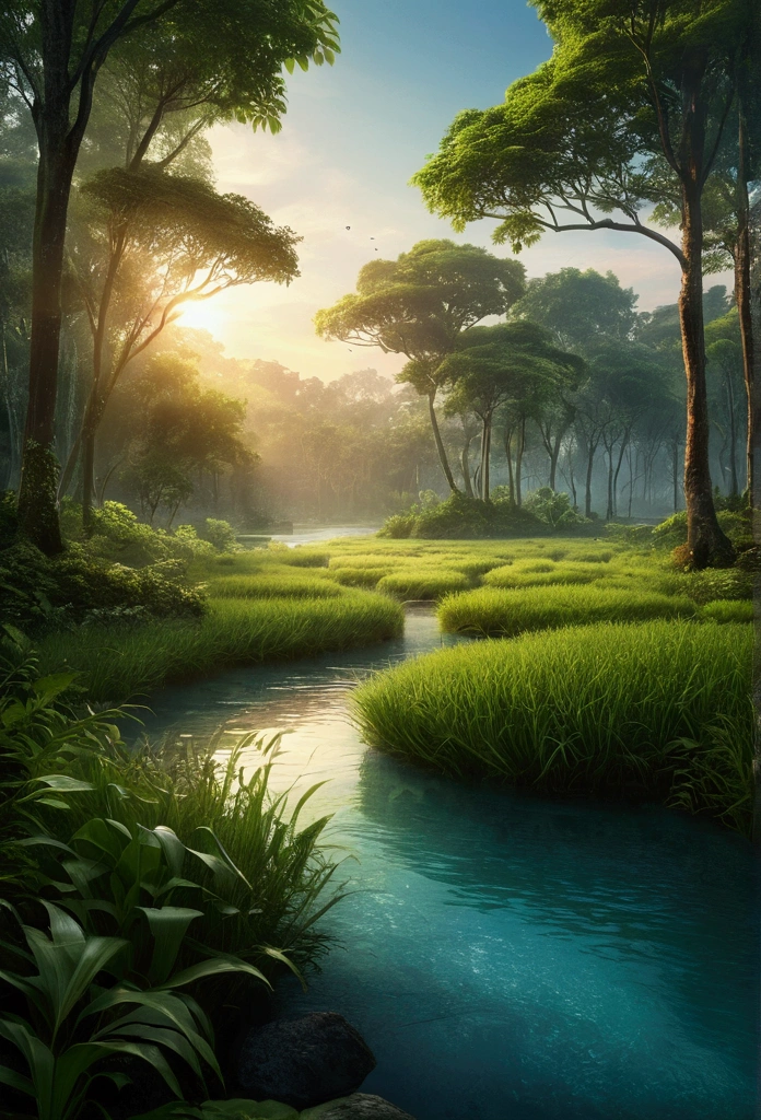 ((High resolution, high quality, realistic)), best quality, high resolution, 8k, realistic, sharp focus, photorealistic, forest and grass, water, landscape, soft and smooth light, EpicSky, masterpiece color pallete, nature, Indonesia, blue sky, sunrise