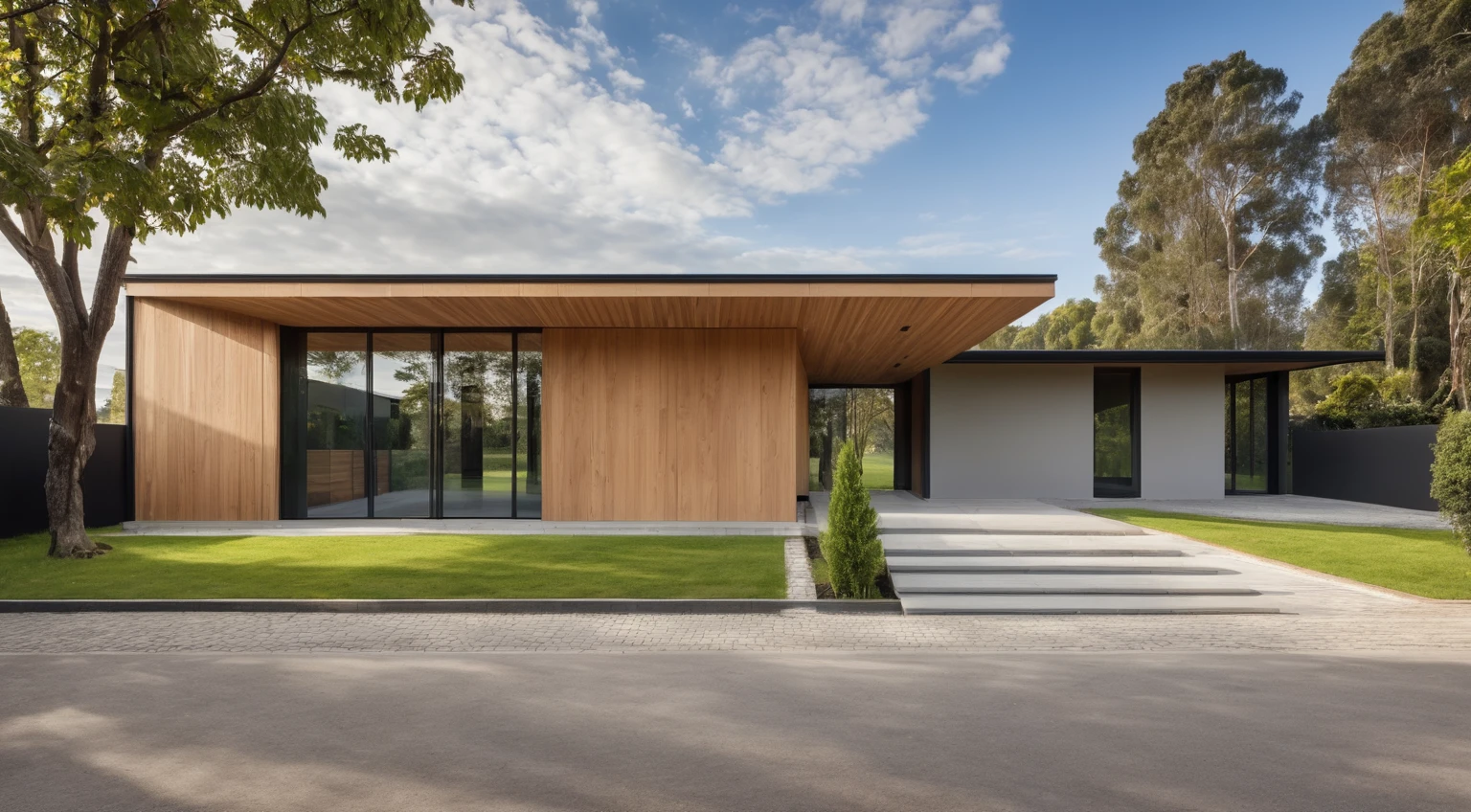 Raw photo,Masterpiece, high quality, best quality, authentic, super detail, exterior, outdoors, house style modern on the street, glass windows, gate, wooden ceiling, road,pavement, trees, sky, cloud, (daylight:1.1)