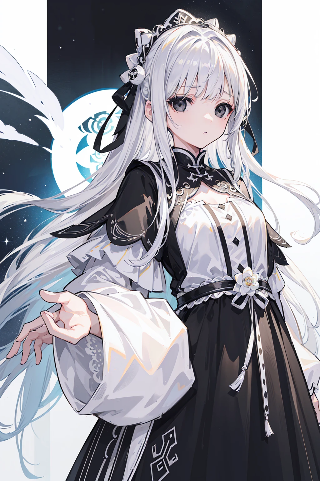 (Top image quality)、(Very detailed)、(Facing forward)、Top quality、masterpiece、(((1 girl )))、Silver Hair、White hair、((Long hair))、Weaving、(black eyes:1.6)、(White and black cheongsam)、Lots of decorations、Lots of ribbons、White Ribbon、Haggard、Fluffy loose hair
