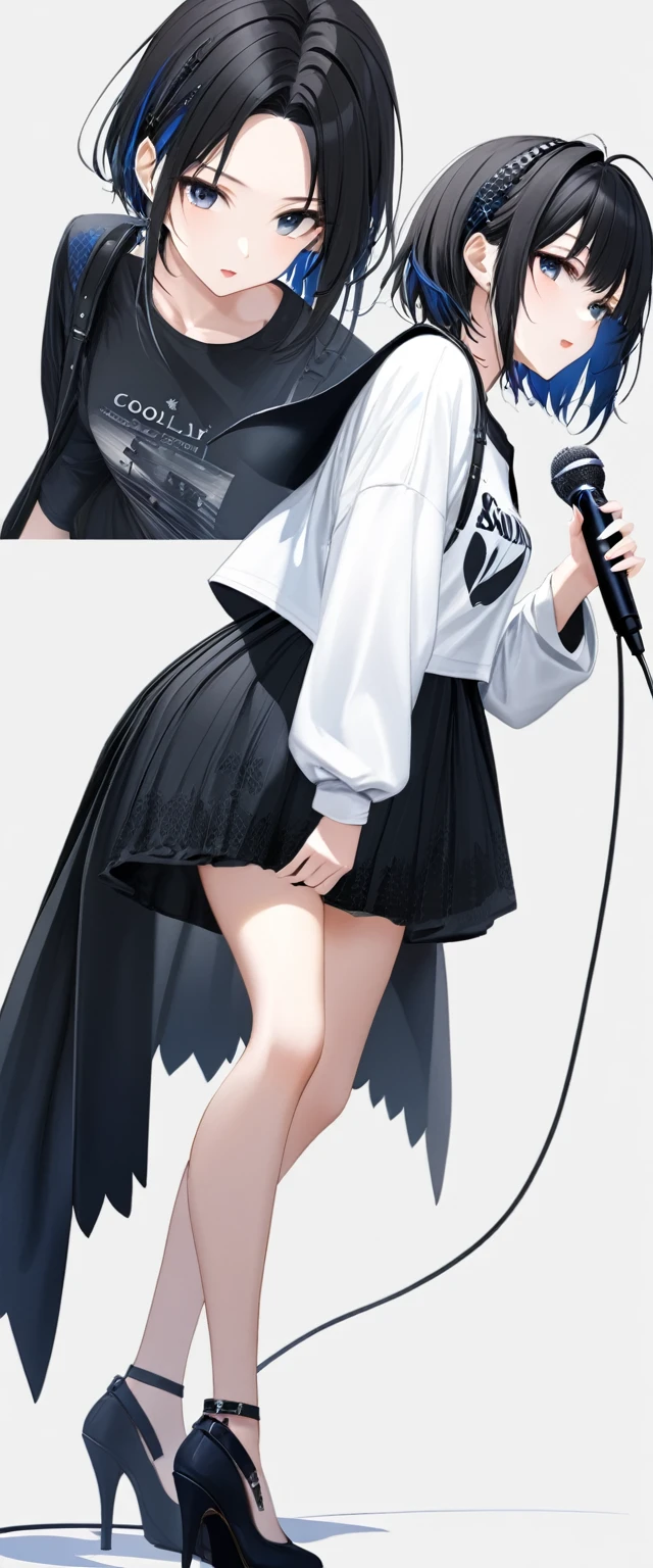 (((White background:1.5)))、(((Scandinavian gothic metal girl singing with the microphone open:1.5)))),(The entire subject is captured),(((full body:1.2))),(very wide shot)、(((masterpiece、Ultra HD、Highest quality、Masterpiece、4K:1.5)))、Slender body、, Highly detailed eyes, Highly detailed fingers、Short black hair、T-shirt on top、Shorts underneath, Wearing high heels、Dynamic pose、singing coolly、