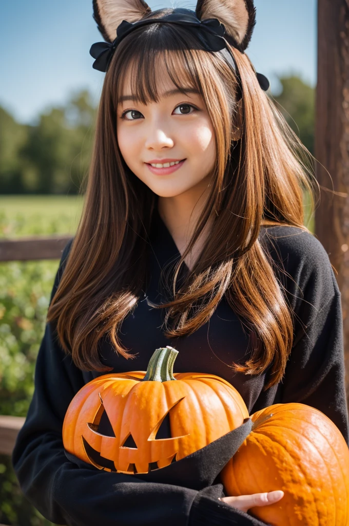 1girl,extremely cute girl,beautiful girl,ultra detailed girl,detailed dropped eyes,charming smile,japanese young girl,halloween costume,monster costume,pumpkin,jack-o'-lantern,(best quality,4k,8k,highres,masterpiece:1.2),ultra-detailed,realistic,photorealistic,photo-realistic,vivid colors,studio lighting