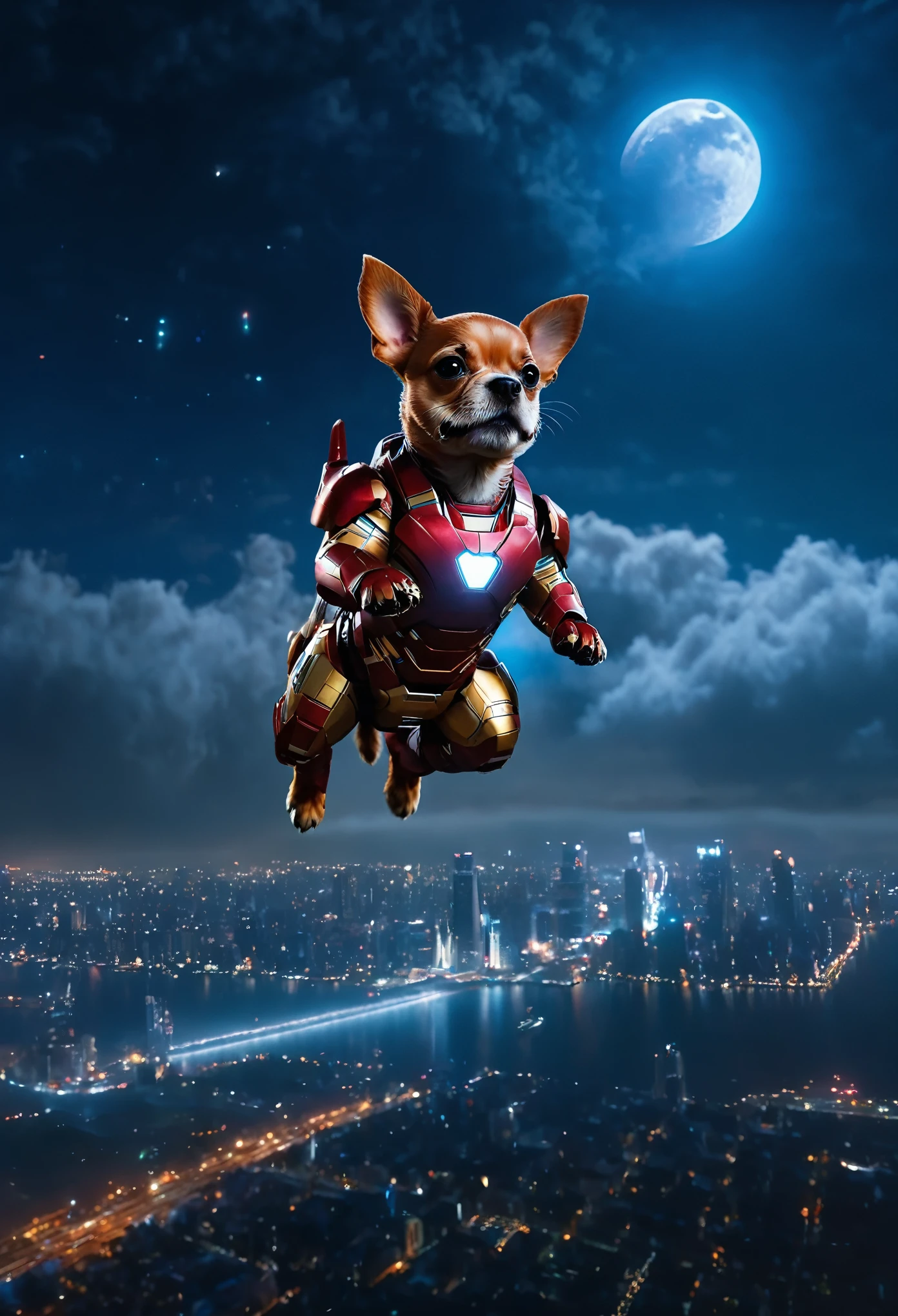 a small dog in iron man suit flying in night sky, moon, cityscape in background, cinematic lighting, highly detailed, 8k, photorealistic, studio lighting, intricate details, dynamic pose, glossy metal textures, glowing repulsor effects, atmospheric fog, vibrant colors, dramatic shadows, volumetric lighting