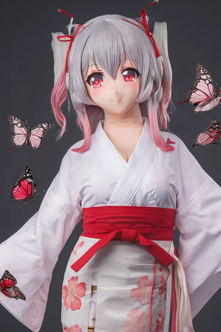 Highly detailed eyes, Highly detailed face, whole body, 1 girl, alone, Are standing, A light smile, Studio Background, (Black background), Gray Hair, Medium chest, Cleavage, sarashi, bandage, kimono, blush, Red eyes ,Pink Hair, Butterfly Hair Ornament, (naked:1.3), (White apron),, Cleavage, Huge breasts, Thighs, Cafe Background, (blush:1.3)