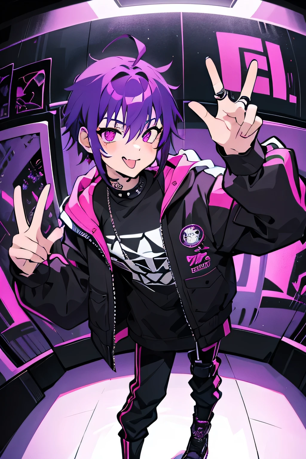 photo of an emo goth man with purple hair, mesh red hair,wearing a jacket covered in band patches and lots of rings on her fingers, sticking out tongue, standing against the wall inside night club, walls decorated with graffiti and stickers saying "TO interrogation", shot from low angle, dynamic pose, fisheye lens