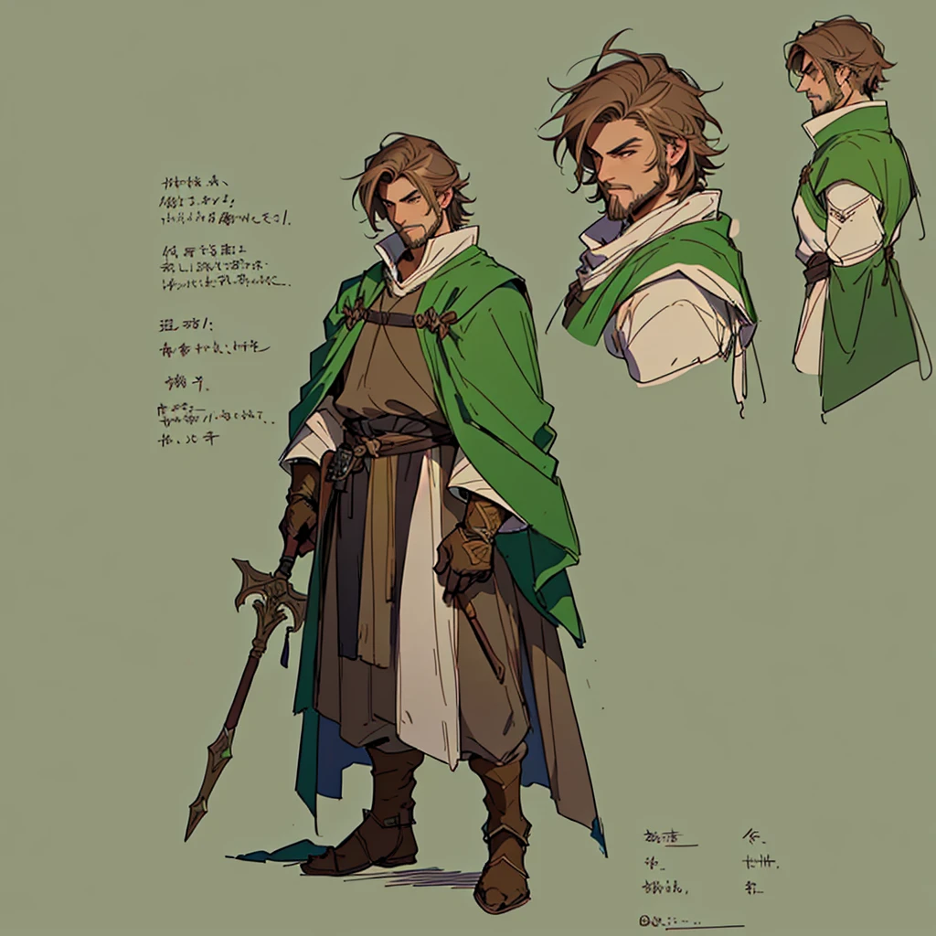 Close-up of a man in a staff costume,
((character concept art)), ((Character design sheet, same character, on front, from on the side, At the back))
Character image, medieval character design, medieval character design,
hair color: brown,
Age: youth, eyecolor: green,
he has a goatee,
He wears gloves on his hands,
He wears a large light green cape over his brown clothes.
He is a researcher, his short brown hair is always trimmed and clean. D&D constume mage style.