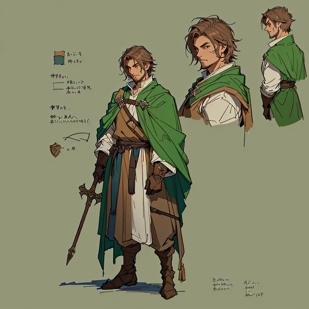 Close-up of a man in a staff costume,
((character concept art)), ((Character design sheet, same character, on front, from on the side, At the back))
 Character image,  medieval character design, medieval  character design, 
hair color: brown, 
Age: youth, eyecolor: green,
he has a goatee, 
He wears gloves on his hands,
He wears a large light green cape over his brown clothes. 
He is a researcher, his short brown hair is always trimmed and clean. D&D constume mage style.