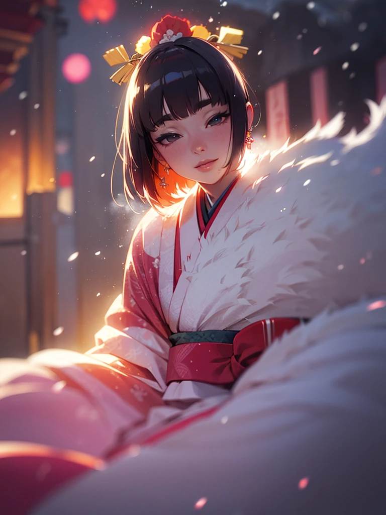 (Sumilux f1.4 50mm , low Latitude old color negative film , cross process , bokeh, flare, chromatic aberration , soft focus, (Shallow focus) , soft glow , Maximum aperture, High Key , Transparent depiction) , kawaii hentai anime , Japanese Heian period , Royal girl, fox mask , (round Maro eyebrows) , kimono , (Peony flowers blooming:0.8) , closeup face , Snow is falling , steamy breath , Kagura Dance , Mysterious