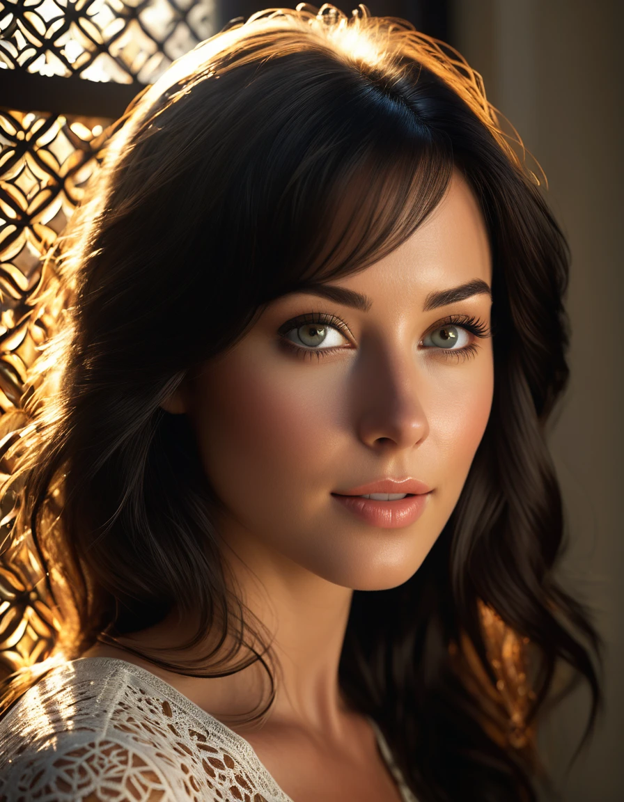 (masterpiece), best quality, A portrait of a 23-year-old brunette woman (her face is a mix of Christine Taylor and 1970's Maureen Mc Cormick), dramatically lit by warm sunlight that creates patterns of light and shadow across her features. Light filters through through the arabesque lattice, casting scattered shadows that give texture to her skin. Her light acqua-colored eyes are striking, with the iris clearly visible and reflecting the light, becoming the focal point of the photograph. Her expression is happy and smiling and she looks out of the frame with a gentle intensity. She has long, straight light black hair and her light pale skin is toned by the sunlight. The overall atmosphere is intimate, emphasizing the intricate interplay of light and dark on her face. HDR(HighDynamicRange),Ray tracing,NVIDIA RTX,Hyper-Resolution,Unreal 5,sub-surface Scattering,PBR Texturing,Postprocess,Anisotropy Filtering,depth of fields,Maximum clarity and sharpness,multi-layer texture,Albedo and specular maps,Surface Shading