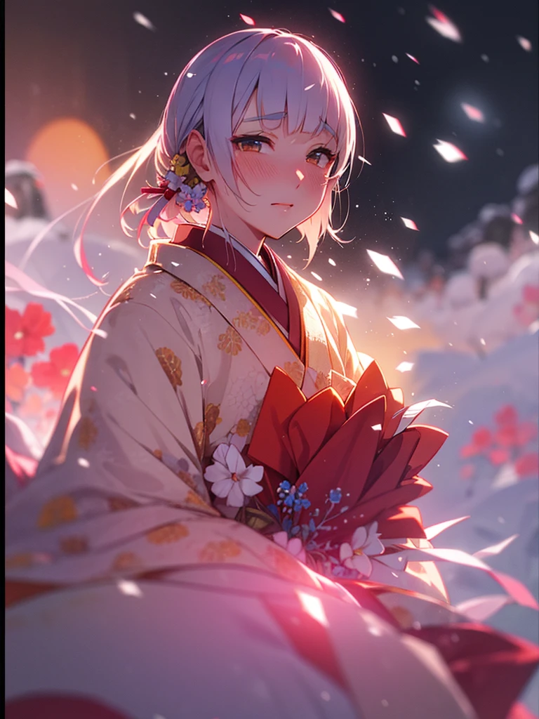 (Sumilux f1.4 50mm , low Latitude old color negative film , cross process , bokeh, flare, chromatic aberration , soft focus, (Shallow focus) , soft glow , Maximum aperture, High Key , Transparent depiction)  , kawaii hentai anime , Japanese Heian period , Royal girl, fox mask , (round Maro eyebrows) , kimono , (Peony flowers blooming:0.8) , closeup face , Snow is falling , steamy breath , Kagura Dance , Mysterious