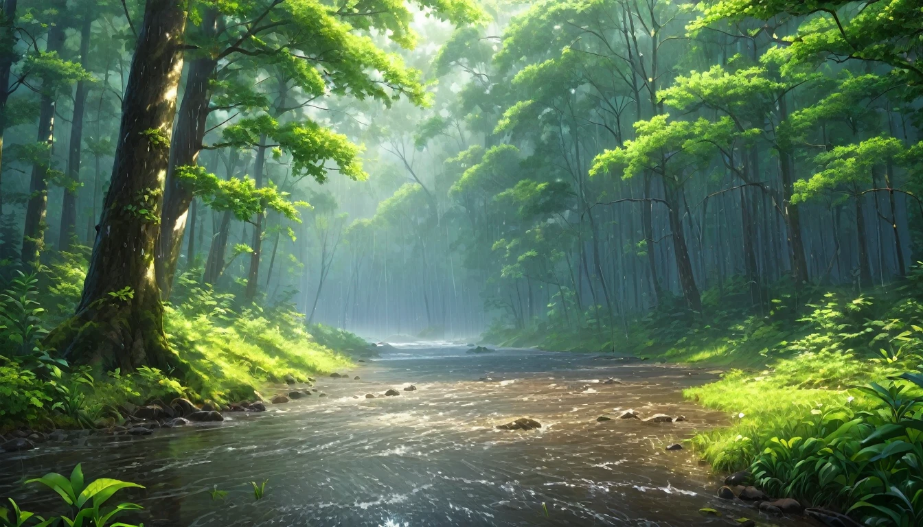 early summer,forest,heavy rain,Rich in nature,Highest quality, 8k, High resolution, masterpiece:1.2, Very detailed, Realistic:1.37, High resolution, 超High resolution, Very detailed, Professional, Vibrant colors