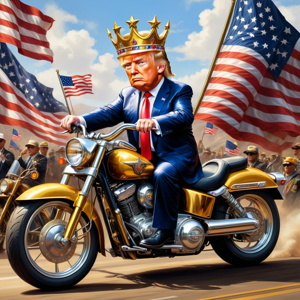 hyper detailed masterpiece, dynamic realistic digital art, incredible quality, doradas, Donald Trump, sitting on the Moto wearing a small crown holding the flag of the United States DonMSp3ctr4lXL