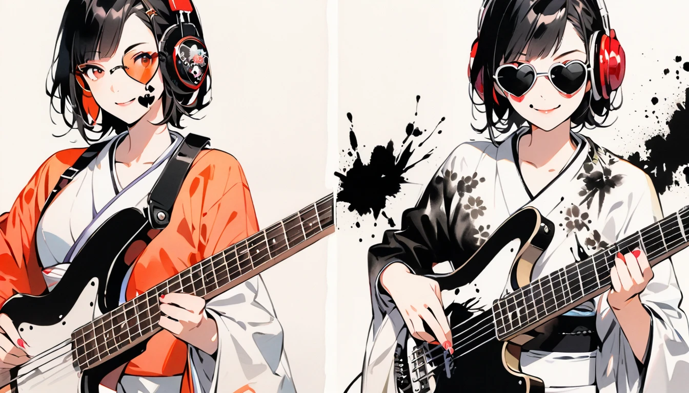 Fashion portrait color photos, (((Ink Painting))), (((1 girl))), (((Heart tattoo on face))), (((sunglasses))), Japanese style headphones, Japanese kimono beauty, Black Hair, smile, angel, guitar bass