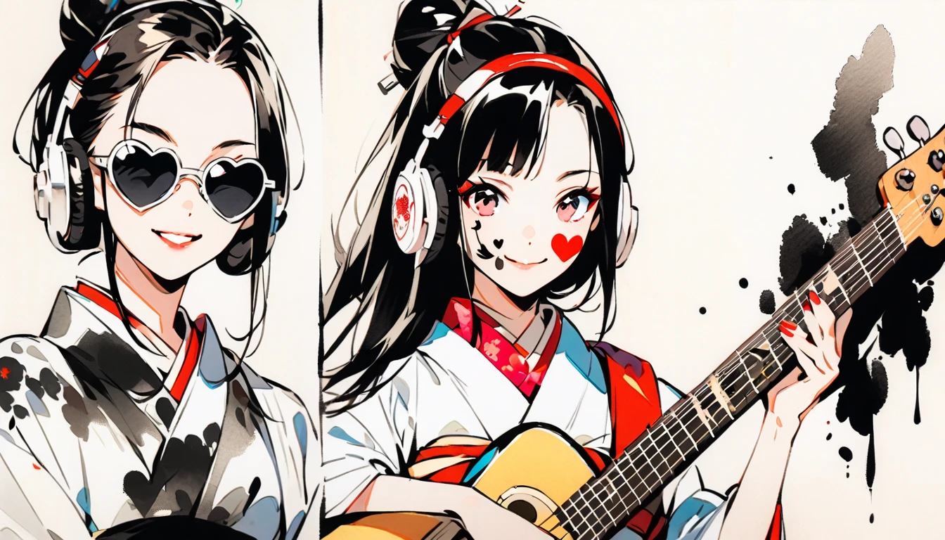 Fashion portrait color photos, (((Ink Painting))), (((1 girl))), (((Heart tattoo on face))), (((sunglasses))), Japanese style headphones, Japanese kimono beauty, Black Hair, smile, angel, guitar bass
