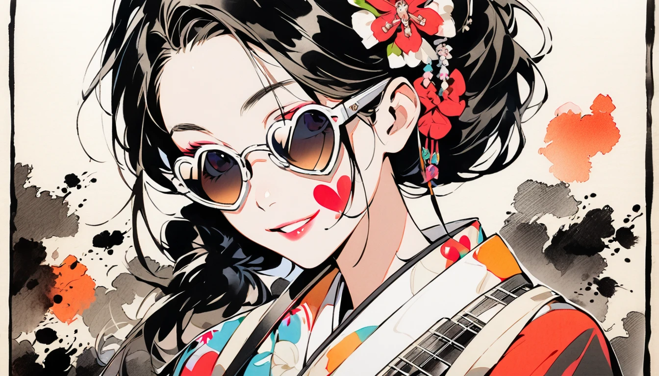 Fashion portrait color photos, (((Ink Painting))), (((1 girl))), (((Heart tattoo on face))), (((sunglasses))), Japanese style headphones, Japanese kimono beauty, Black Hair, smile, angel, guitar bass