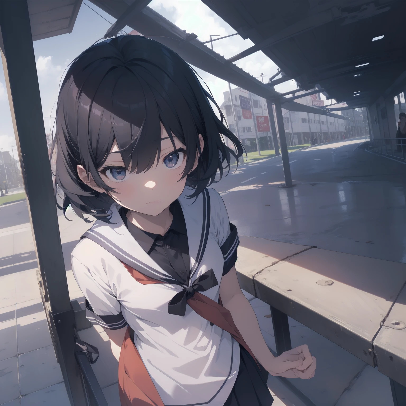 ultra-absurdres-Top quality by artist God, ultra-detailed, high resolution, anime moe artstyle, best anime 8k konachan wallpaper, pixiv contest winner, pool:2810, perfect anatomy,break, 1girl, (Please draw a girl walking sleepily to school alone. )break,(Solo,little female, 13-year-old:1.3),Full limbs, complete fingers,a junior high school student, (very short hair), short cut, flat chest, , small butt, small black eyes, beautiful detailed eyes, well-proportioned iris and pupils, expressive eyes, highres detailed hair, soft expression, salor school_uniform, sailor collar, serahuku, bow, pleated skirt,(Detailed Lighting), (Detailed background), in the School commute route. break,super detailed skin, Best cinematic lighting powered by famous artist, 8k,beauty illustration,photoshop_(medium),very aesthetic,break,((artist:kotorai )), artist:clamp ,artist:carnelian ,artist:kantoku ,