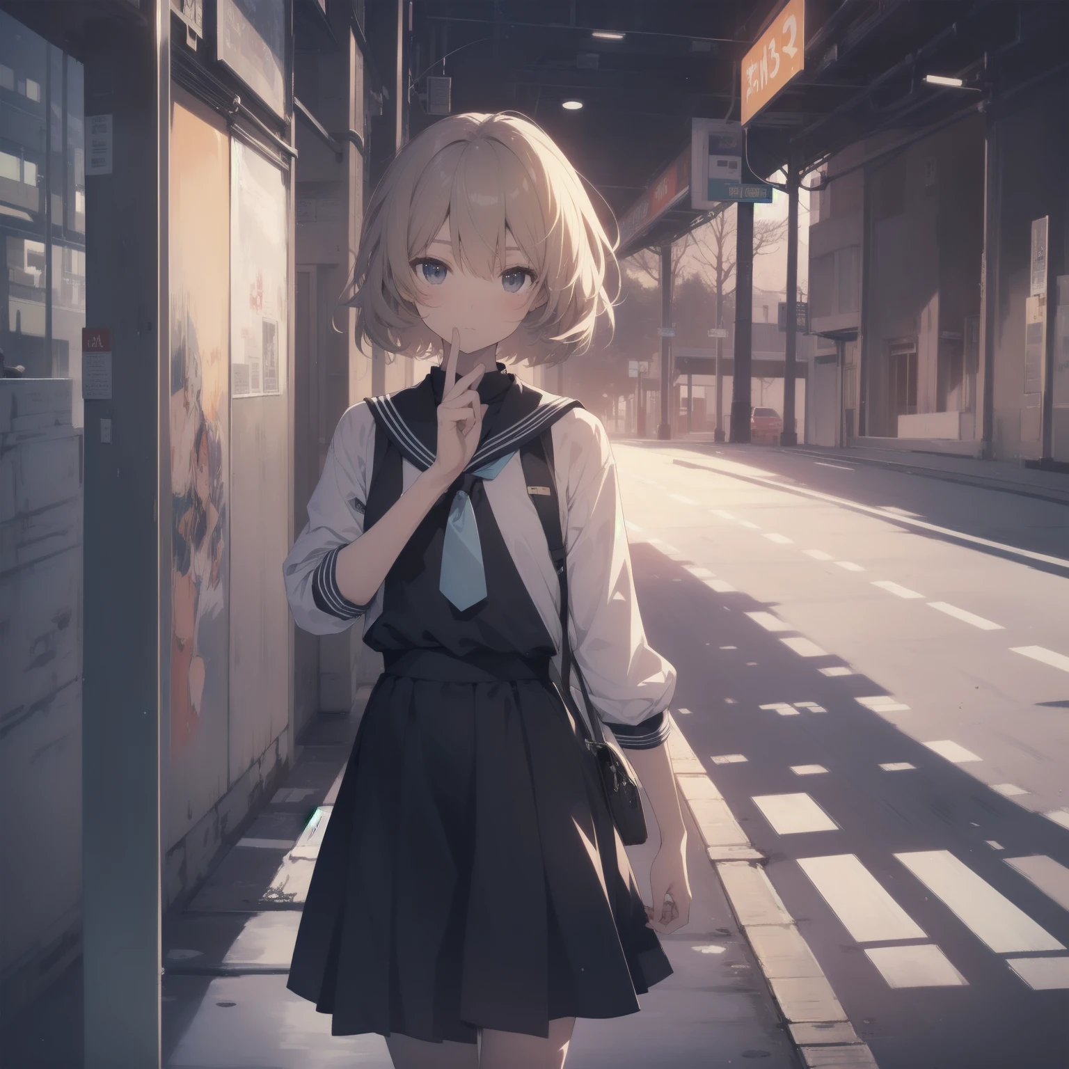 ultra-absurdres-Top quality by artist God, ultra-detailed, high resolution, anime moe artstyle, best anime 8k konachan wallpaper, pixiv contest winner, pool:2810, perfect anatomy,break, 1girl, (Please draw a girl walking sleepily to school alone. )break,(Solo,little female, 13-year-old:1.3),Full limbs, complete fingers,a junior high school student, (very short hair), short cut, flat chest, , small butt, small black eyes, beautiful detailed eyes, well-proportioned iris and pupils, expressive eyes, highres detailed hair, soft expression, salor school_uniform, sailor collar, serahuku, bow, pleated skirt,(Detailed Lighting), (Detailed background), in the School commute route. break,super detailed skin, Best cinematic lighting powered by famous artist, 8k,beauty illustration,photoshop_(medium),very aesthetic,break,((artist:kotorai )), artist:clamp ,artist:carnelian ,artist:kantoku ,