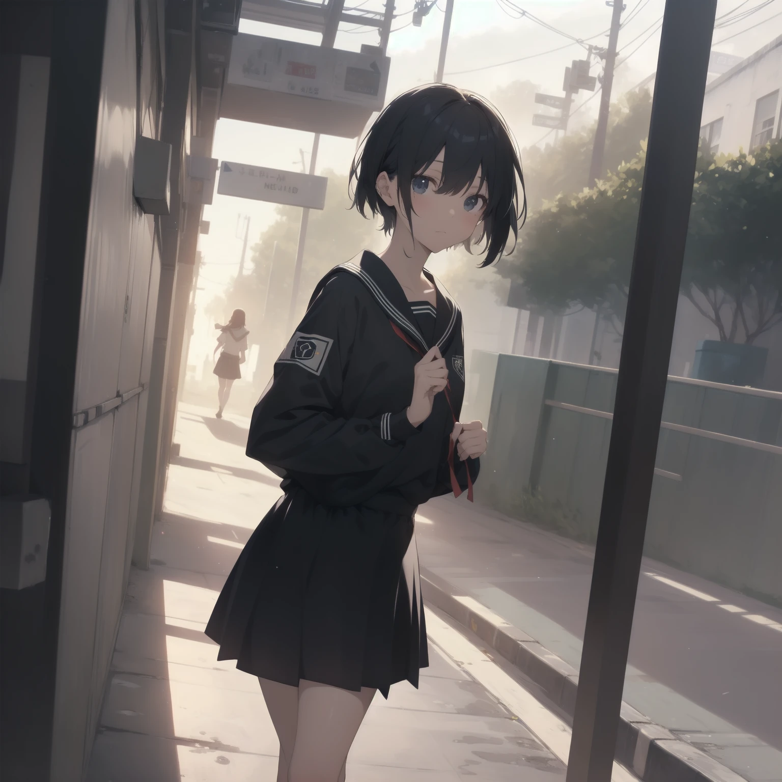 ultra-absurdres-Top quality by artist God, ultra-detailed, high resolution, anime moe artstyle, best anime 8k konachan wallpaper, pixiv contest winner, pool:2810, perfect anatomy,break, 1girl, (Please draw a girl walking sleepily to school alone. )break,(Solo,little female, 13-year-old:1.3),Full limbs, complete fingers,a junior high school student, (very short hair), short cut, flat chest, , small butt, small black eyes, beautiful detailed eyes, well-proportioned iris and pupils, expressive eyes, highres detailed hair, soft expression, salor school_uniform, sailor collar, serahuku, bow, pleated skirt,(Detailed Lighting), (Detailed background), in the School commute route. break,super detailed skin, Best cinematic lighting powered by famous artist, 8k,beauty illustration,photoshop_(medium),very aesthetic,break,((artist:kotorai )), artist:clamp ,artist:carnelian ,artist:kantoku ,