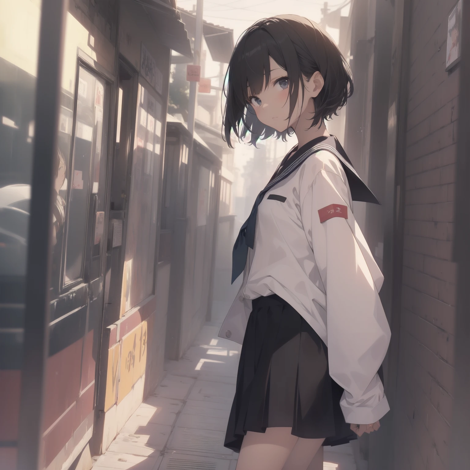 ultra-absurdres-Top quality by artist God, ultra-detailed, high resolution, anime moe artstyle, best anime 8k konachan wallpaper, pixiv contest winner, pool:2810, perfect anatomy,break, 1girl, (Please draw a girl walking sleepily to school alone. )break,(Solo,little female, 13-year-old:1.3),Full limbs, complete fingers,a junior high school student, (very short hair), short cut, flat chest, , small butt, small black eyes, beautiful detailed eyes, well-proportioned iris and pupils, expressive eyes, highres detailed hair, soft expression, salor school_uniform, sailor collar, serahuku, bow, pleated skirt,(Detailed Lighting), (Detailed background), in the School commute route. break,super detailed skin, Best cinematic lighting powered by famous artist, 8k,beauty illustration,photoshop_(medium),very aesthetic,break,((artist:kotorai )), artist:clamp ,artist:carnelian ,artist:kantoku ,
