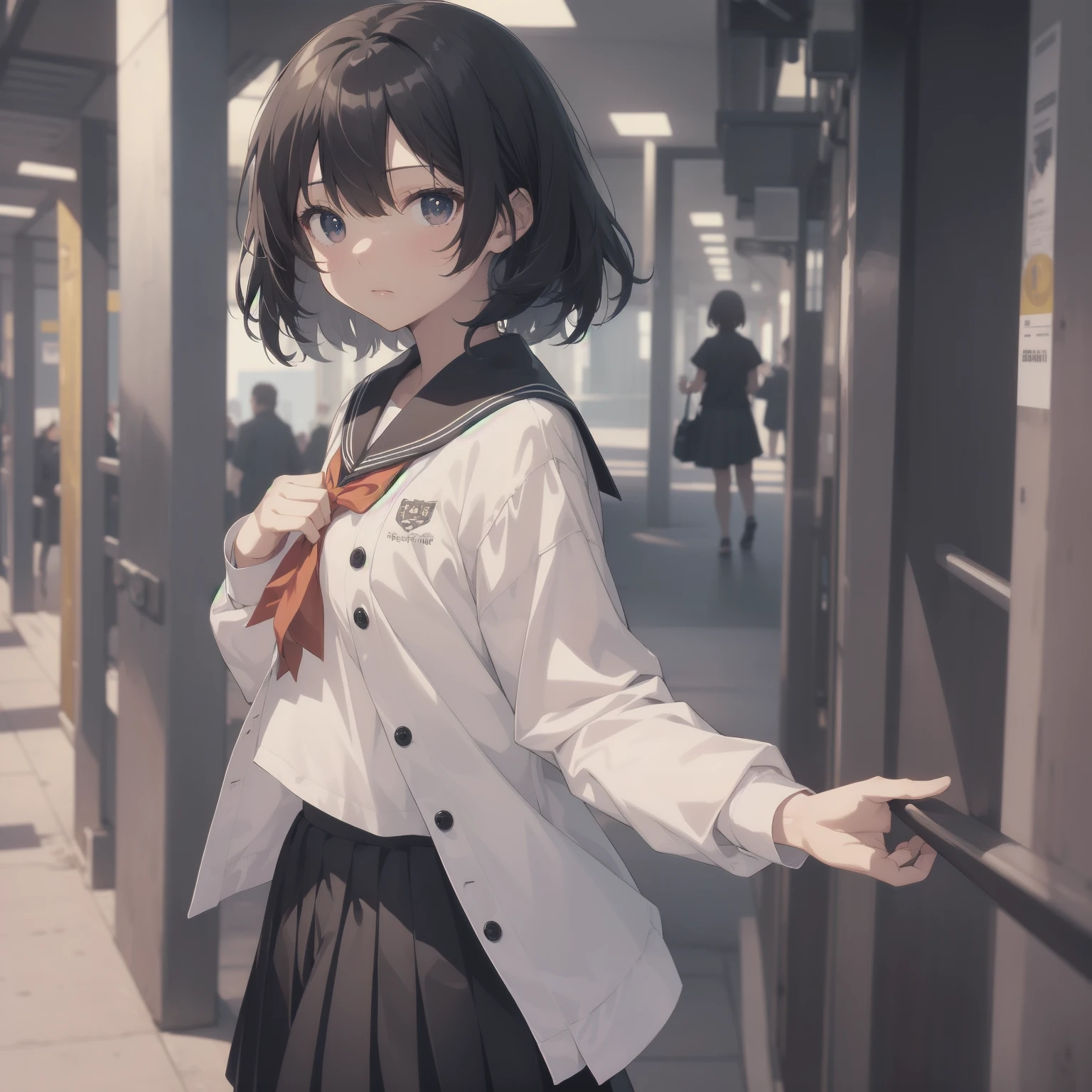 ultra-absurdres-Top quality by artist God, ultra-detailed, high resolution, anime moe artstyle, best anime 8k konachan wallpaper, pixiv contest winner, pool:2810, perfect anatomy,break, 1girl, (Please draw a girl walking sleepily to school alone. )break,(Solo,little female, 13-year-old:1.3),Full limbs, complete fingers,a junior high school student, (very short hair), short cut, flat chest, , small butt, small black eyes, beautiful detailed eyes, well-proportioned iris and pupils, expressive eyes, highres detailed hair, soft expression, salor school_uniform, sailor collar, serahuku, bow, pleated skirt,(Detailed Lighting), (Detailed background), in the School commute route. break,super detailed skin, Best cinematic lighting powered by famous artist, 8k,beauty illustration,photoshop_(medium),very aesthetic,break,((artist:kotorai )), artist:clamp ,artist:carnelian ,artist:kantoku ,
