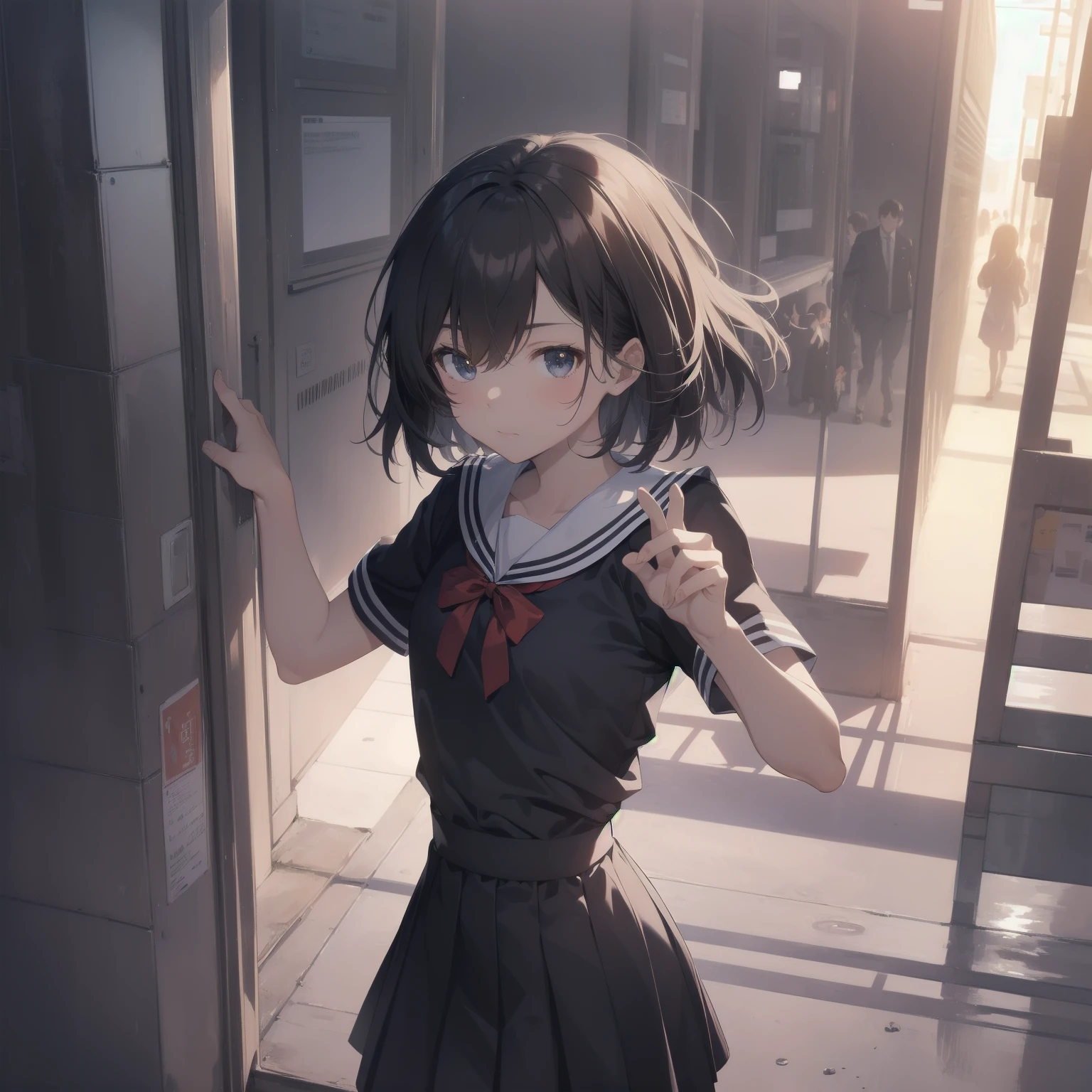 ultra-absurdres-Top quality by artist God, ultra-detailed, high resolution, anime moe artstyle, best anime 8k konachan wallpaper, pixiv contest winner, pool:2810, perfect anatomy,break, 1girl, (Please draw a girl walking sleepily to school alone. )break,(Solo,little female, 13-year-old:1.3),Full limbs, complete fingers,a junior high school student, (very short hair), short cut, flat chest, , small butt, small black eyes, beautiful detailed eyes, well-proportioned iris and pupils, expressive eyes, highres detailed hair, soft expression, salor school_uniform, sailor collar, serahuku, bow, pleated skirt,(Detailed Lighting), (Detailed background), in the School commute route. break,super detailed skin, Best cinematic lighting powered by famous artist, 8k,beauty illustration,photoshop_(medium),very aesthetic,break,((artist:kotorai )), artist:clamp ,artist:carnelian ,artist:kantoku ,