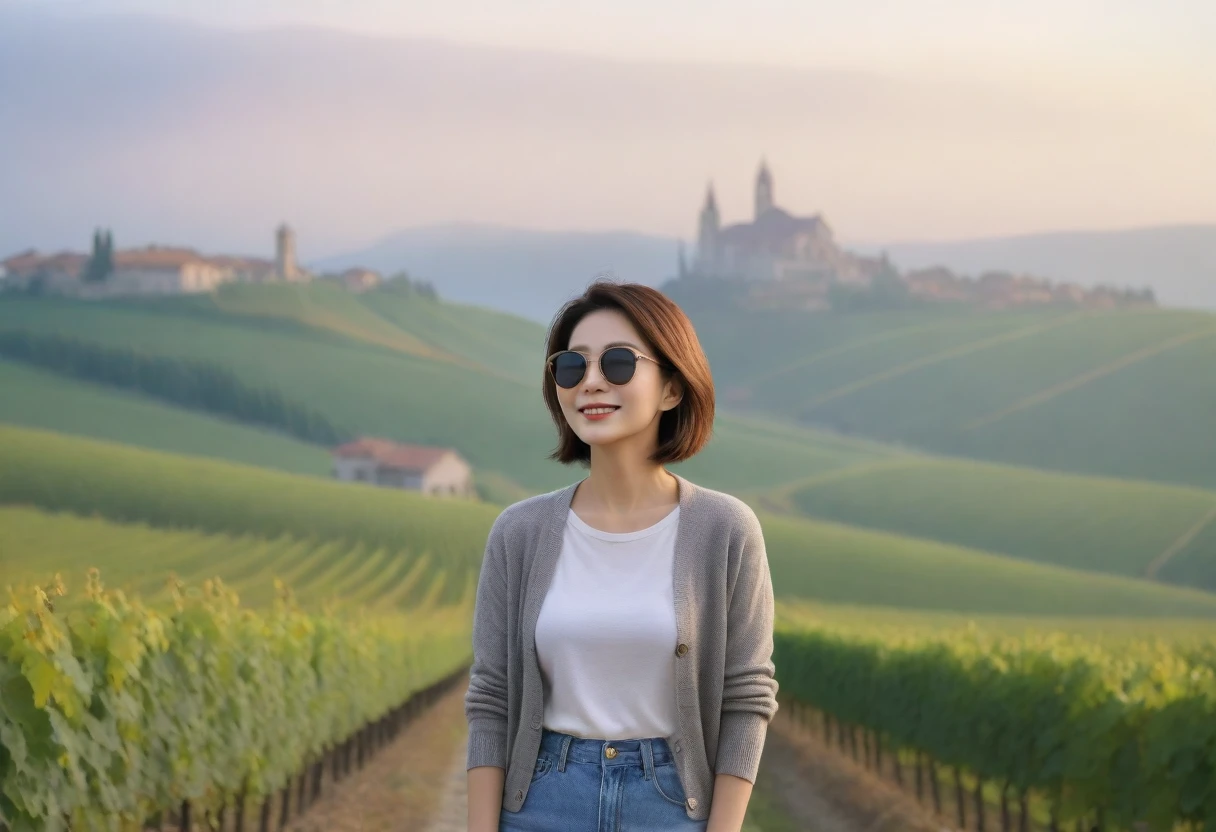 8K8K best picture quality, Beautiful 36-year-old Korean woman, Chest size 34 inches, Dawn in the early autumn countryside in northern Italy, View of the cathedral next to the vineyards, The back background is realistic and vivid quality., short medium hair, shirts and cardigans, Wear casual pants, Smile slightly. the background is clear, look up to the side., Looking at vineyards covered in thick fog from a hillside road, Wearing thick horn-rimmed sunglasses, Secret sunglasses expression