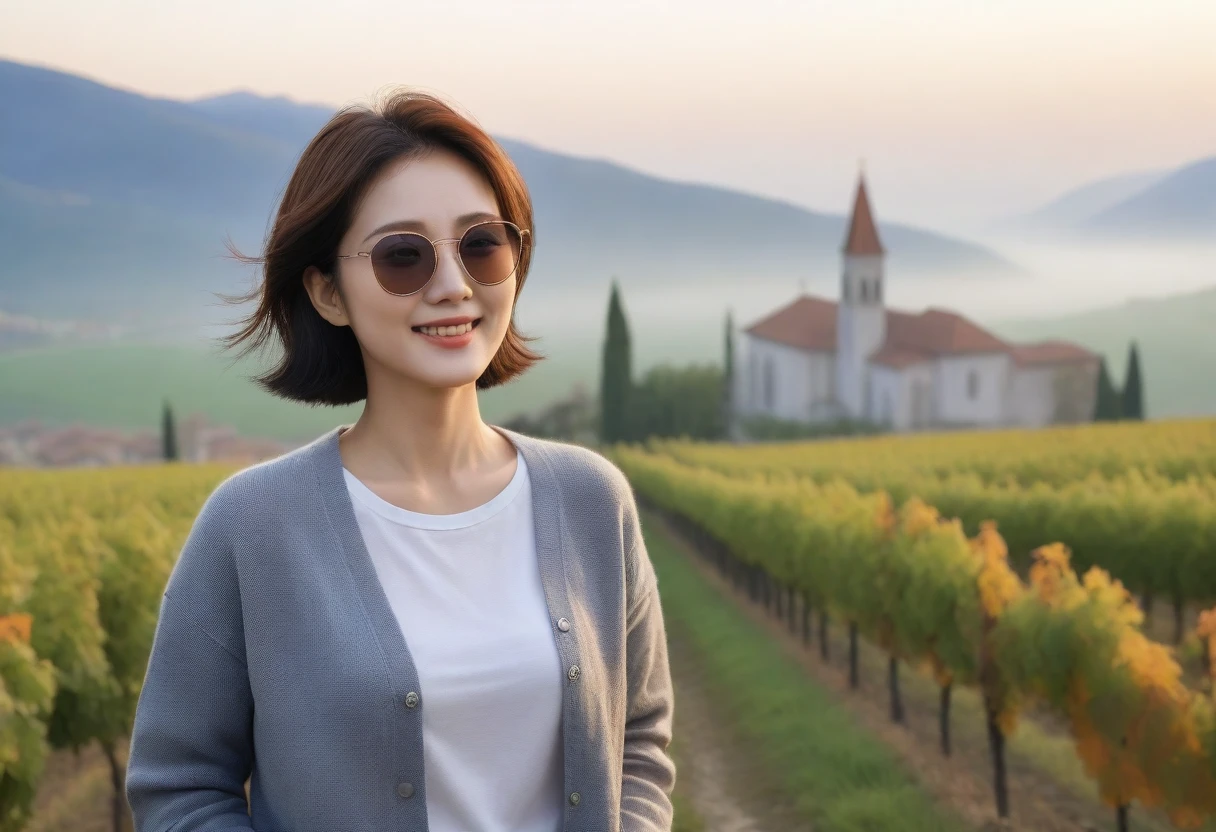 8K8K best picture quality, Beautiful 36-year-old Korean woman, Chest size 34 inches, Dawn in the early autumn countryside in northern Italy, View of the cathedral next to the vineyards, The back background is realistic and vivid quality., short medium hair, shirts and cardigans, Wear casual pants, Smile slightly. the background is clear, look up to the side., Looking at vineyards covered in thick fog from a hillside road, Wearing thick horn-rimmed sunglasses, Secret sunglasses expression