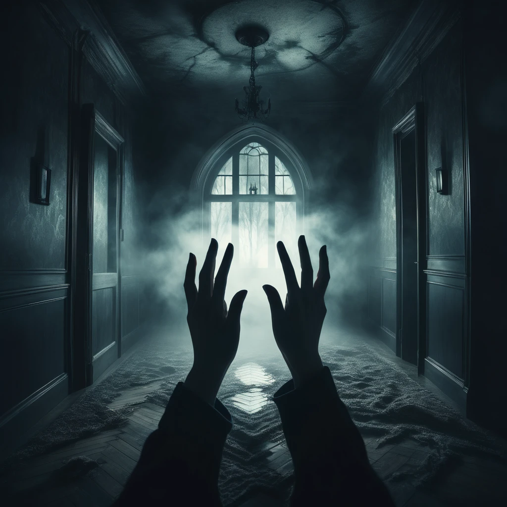 Make a dreamy mysterious horror style image symbolizing anxiety and hope, symbols of fingers crossed