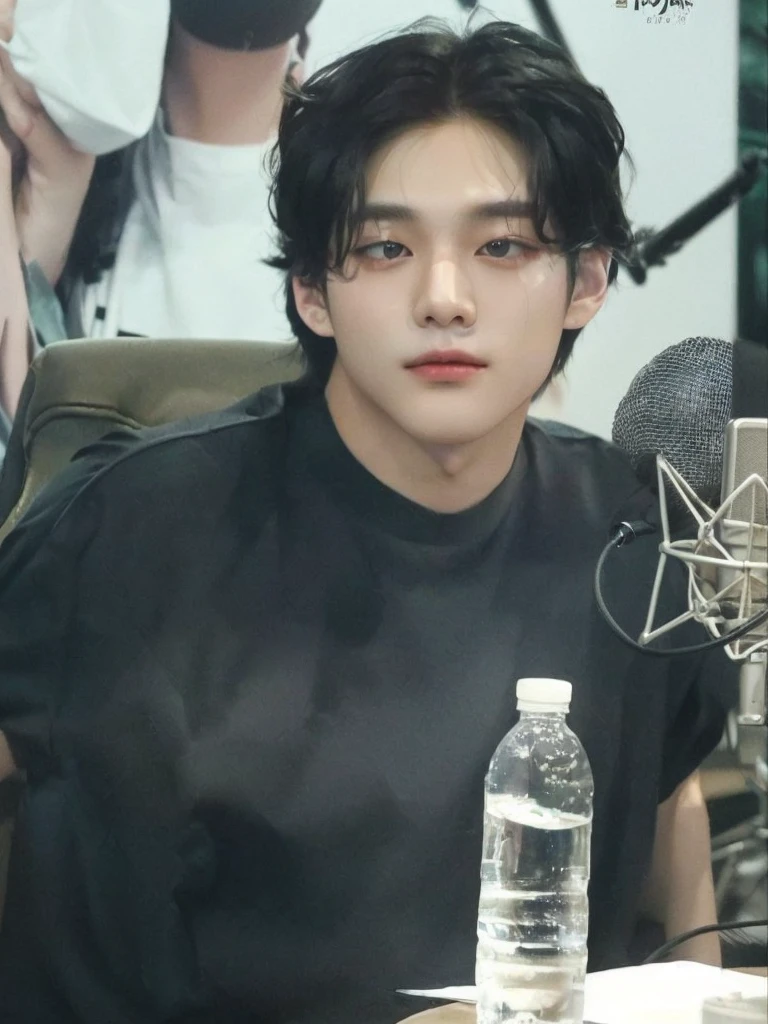 Kim Taehyung, v from bts there is a man sitting at a table with a microphone, young pale angel, korean artist, Kim Taehyung, black hair man, Gorgeous Man, taehyung from bts