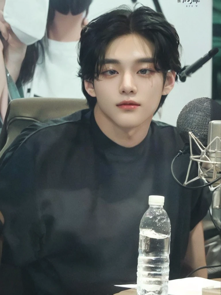 Kim Taehyung, v from bts there is a man sitting at a table with a microphone, young pale angel, korean artist, Kim Taehyung, black hair man, Gorgeous Man, taehyung from bts