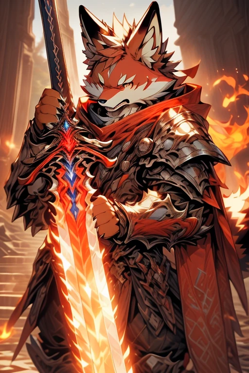 (((bright red fur fox,high resolution)))((flame sword,Hold a weapon in one hand,The sword is a normal sword,battoujutsu stance,armor,Light armor,Cape,inflammation,whole body))(Angry expression,)Shogun、Military commander,visible fang,male,Perfect Anatomy