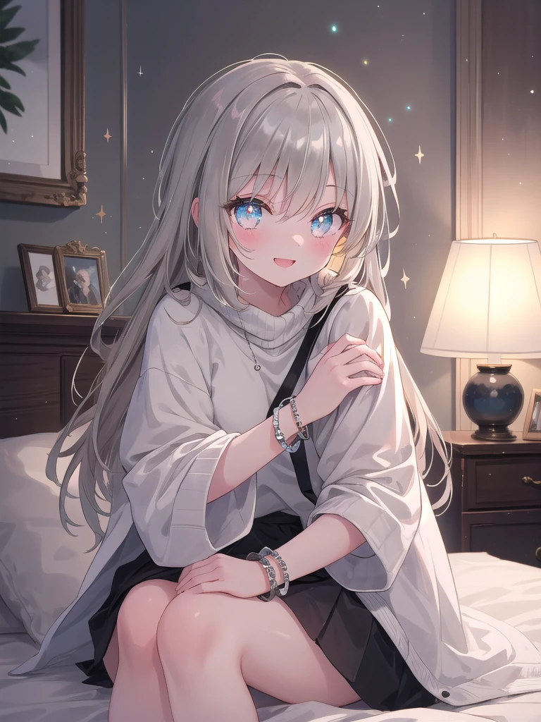 ((8k, best quality, master piece: 1.3)),super high resolution,(1 girl, solo), (colorshift eyes, hyperdetailed, expressive sparkling, glitter, glowing eyes), ultra detailed eyes, ultra-detailed face, random hair, ((silver gray color)), Ecstatic expression, A 15-year-old girl with light chestnut hair is sitting in her bedroom at home in a "yankee" sitting position. Her eyes are a clear sparkling hazel, and a cute bracelet adorns her wrist. She is sitting on her bed, hugging her knees, showing a relaxed smile. The background features warm, cozy decor.