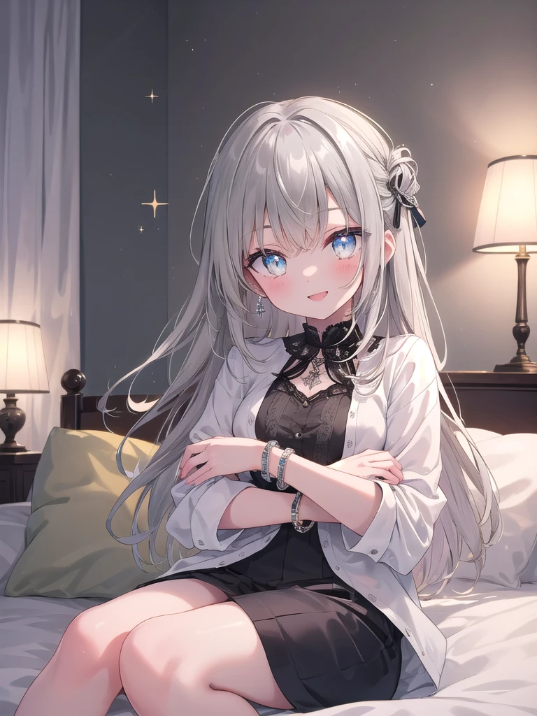 ((8k, best quality, master piece: 1.3)),super high resolution,(1 girl, solo), (colorshift eyes, hyperdetailed, expressive sparkling, glitter, glowing eyes), ultra detailed eyes, ultra-detailed face, random hair, ((silver gray color)), Ecstatic expression, A -yeld giwith light chestnut hair is sitting in her bedroom at home in a "yankee" sitting position. Her eyes are a clear sparkling hazel, and a cute bracelet adorns her wrist. She is sitting on her bed, hugging her knees, showing a relaxed smile. The background features warm, cozy decor.