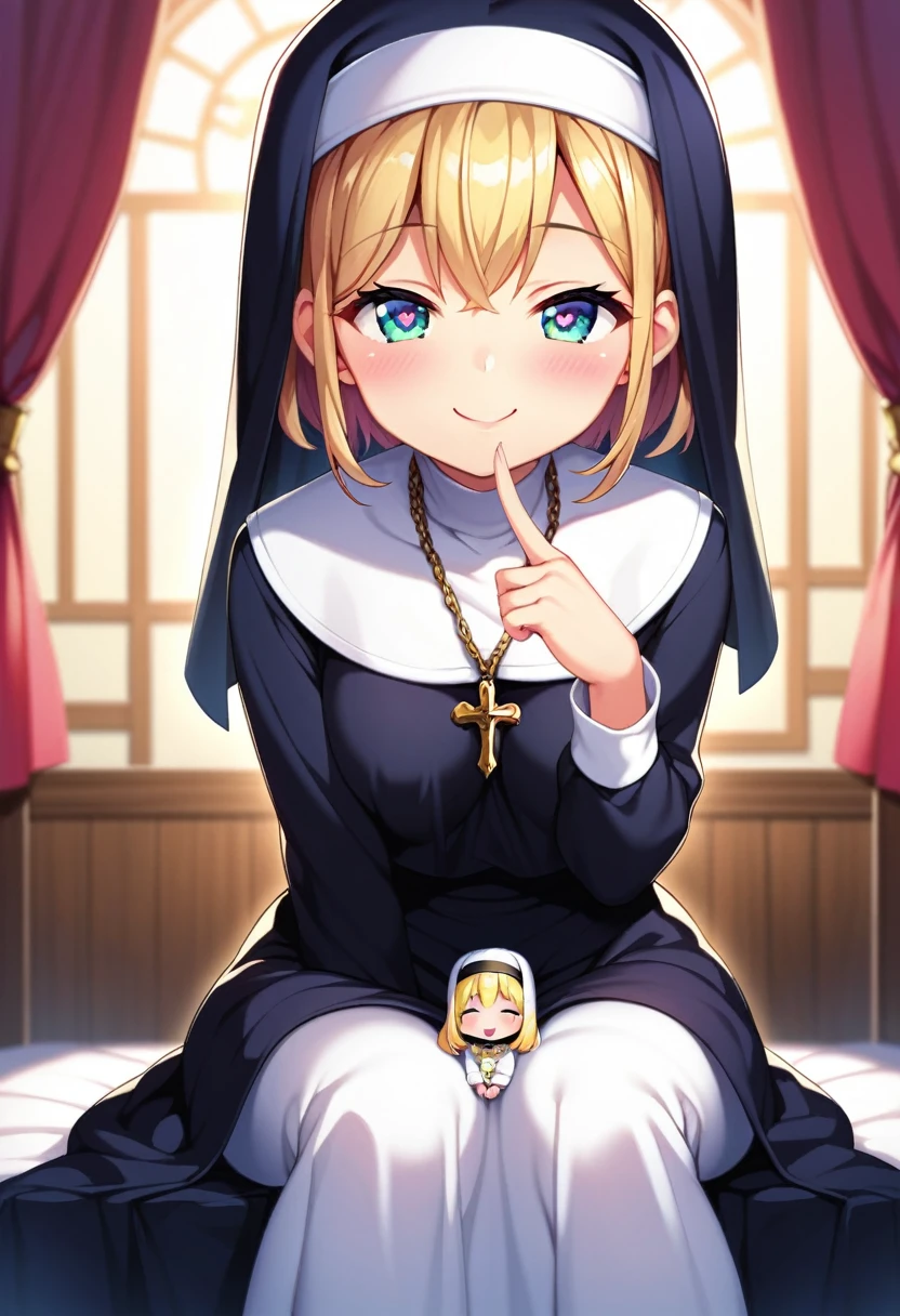 1 girl, futanari, girl, young girl, mesugaki, mesugaki smile, Nuns, nun's costumes, Long skirts, Teasing, naughty looks, heart eyes, A girl Pointing between own legs, Focus on the girl, glossy skin, oily skin, Gravure, pinup, junior idols, Sound, Clothing, vigorous, Masterpiece:2, Top Quality, high Quality, Very Detailed, ultra High Resolution, super High Resolution, Beautiful Detail, Dynamic angles, perfect lighting, 8k, Animation Style, cartoon style, game cg, sfw,